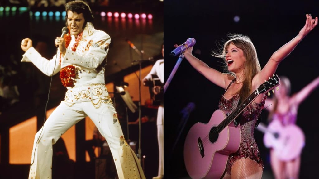 Elvis Presley (left) and Taylor Swift (right) performing in their respective concerts.