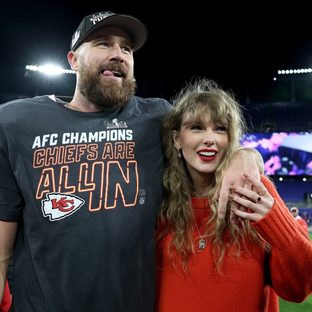 A snap of Taylor Swift together with her beau Travis Kelce as the Kansas City Chiefs advance to the 2024 Super Bowl.