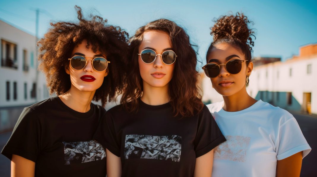 Three happy, cool and stylish girls in sunglasses, of different ethnic groups, in black and white T-shirt. Energy, style of younger Generation Z, inclusion, equality, beauty of diversity. Copy space Matching Sunglasses with Your Hairstyle
