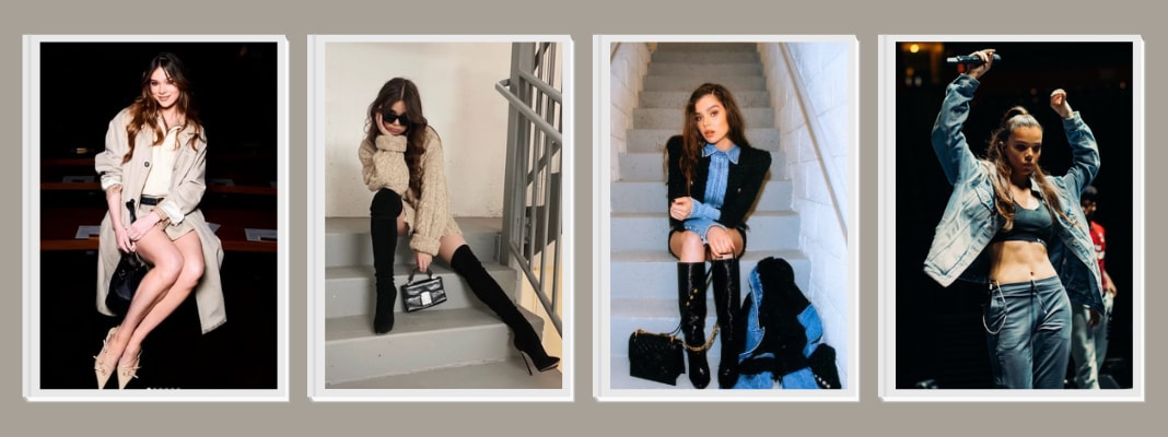hailee steinfeld style from left to right: monochrome, thigh high boots, denim and athleisure