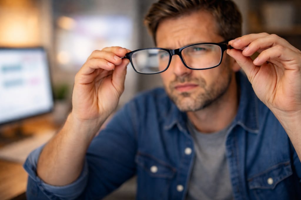 Man holding glasses away from face, looking at blurred computer screen, appearing to test vision.

