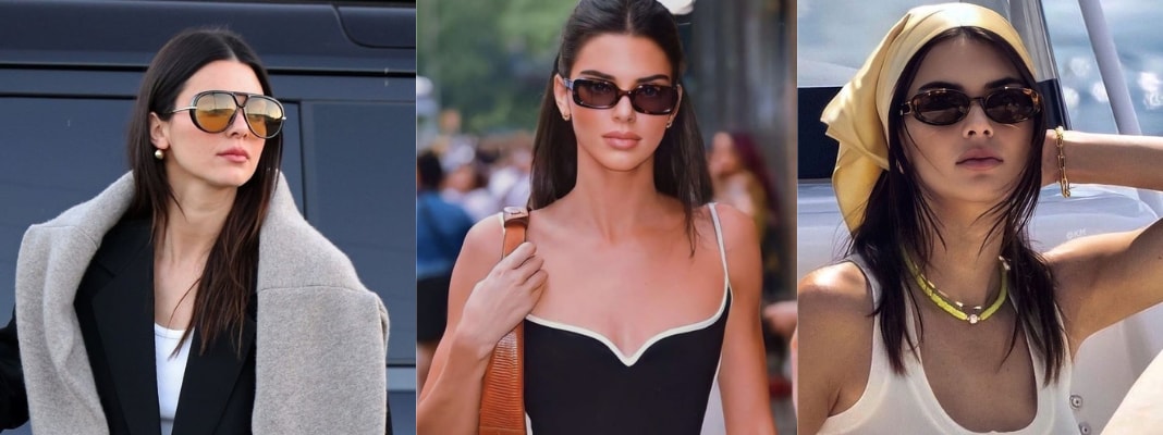 Kendall Jenner Sunglasses collage showing aviator, slim rectangular, and oval sunglasses styles.