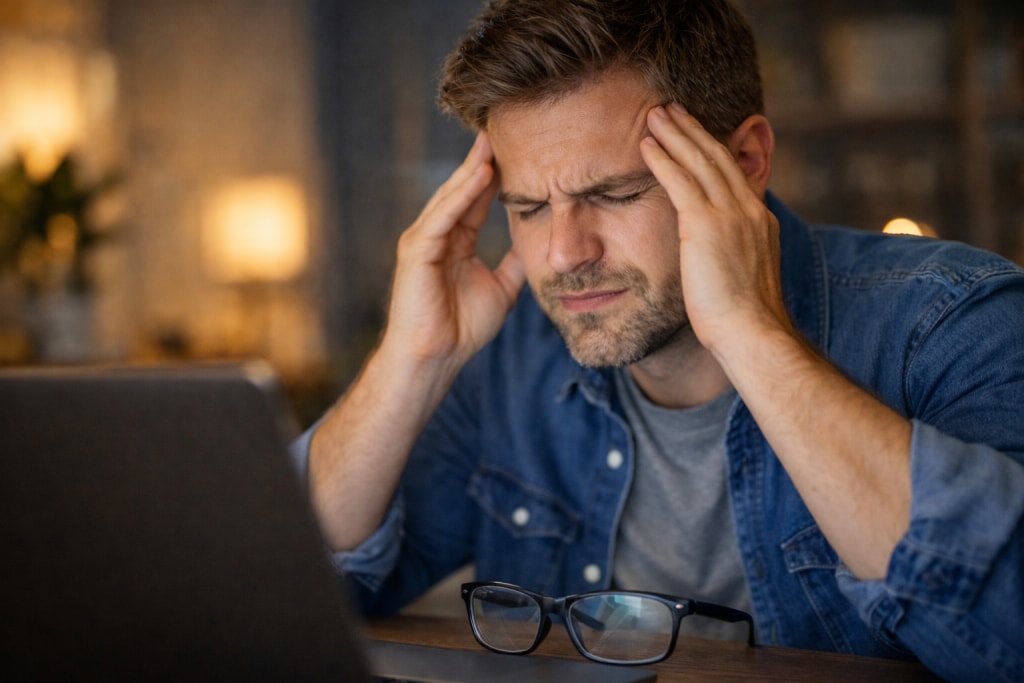 Man rubbing temples in front of laptop, glasses off, showing signs of eye strain or headache.