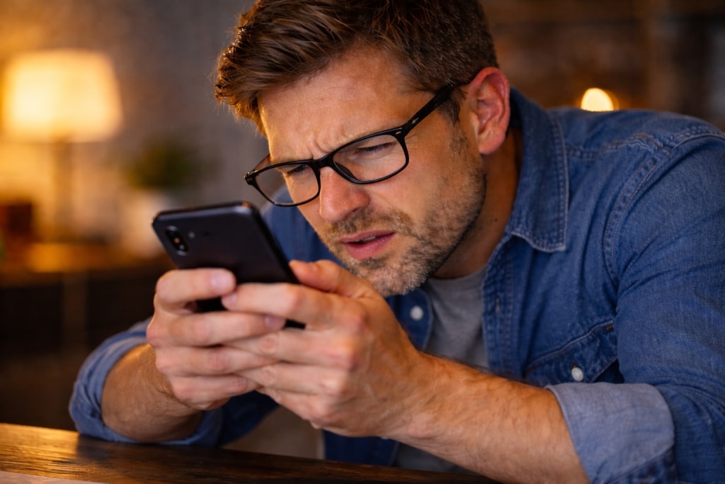 Man squinting and leaning close to smartphone screen, struggling to see clearly.