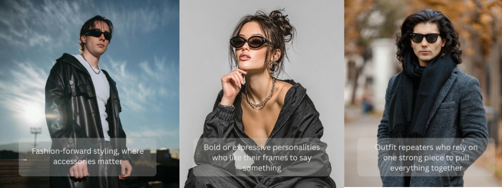 Models wearing acetate-frame sunglasses paired with fashion-forward and expressive outfits, highlighting frames as a statement accessory.