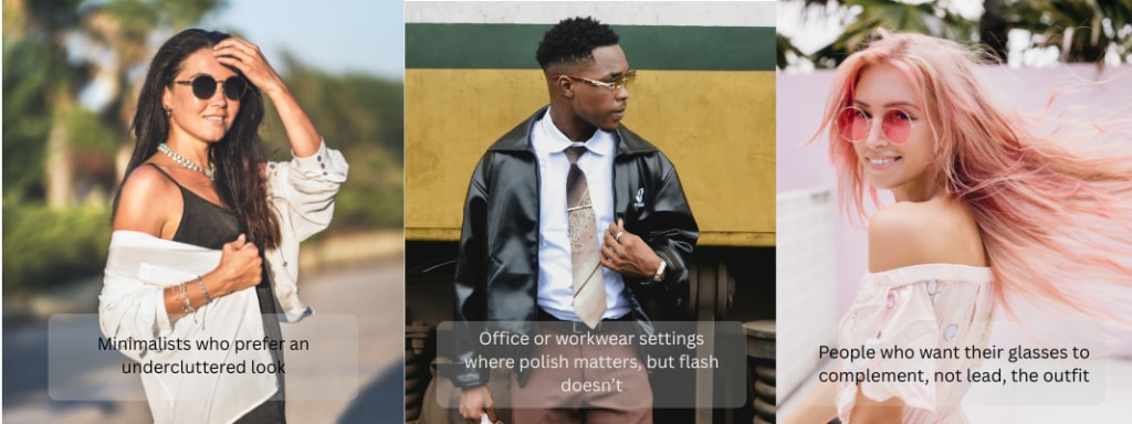 People wearing metal-frame sunglasses in casual, office-ready, and minimalist outfits, showing how subtle frames complement different looks.
