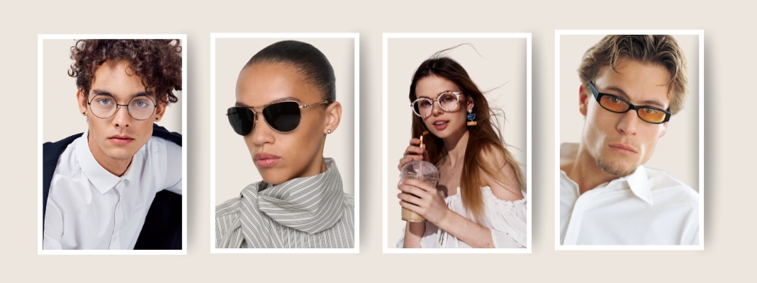 54 Four models wearing different eyeglass and sunglasses styles, showcasing metal and acetate frames in both minimalist and bold designs.