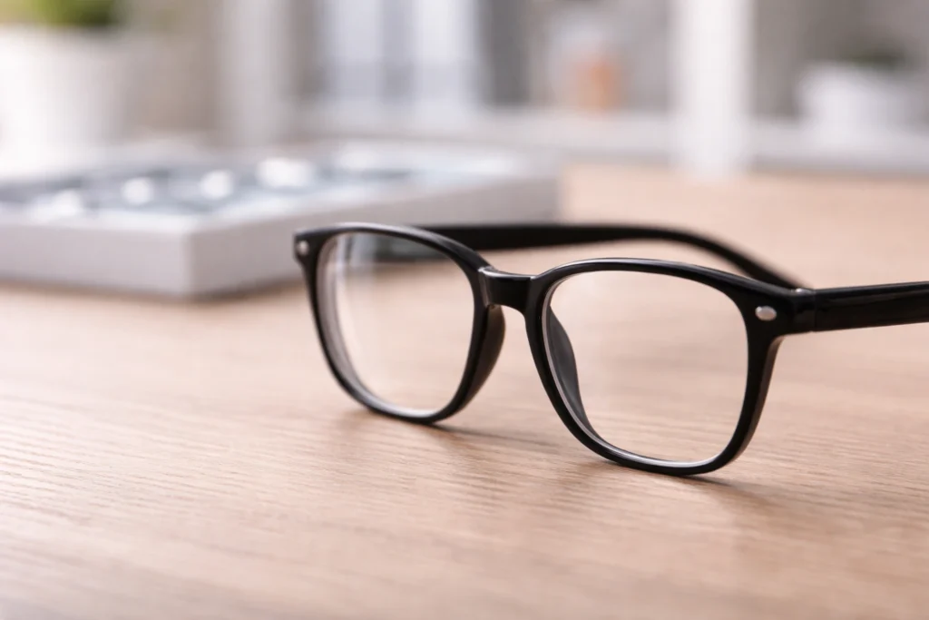 Side-angle view of black-framed eyeglasses on a desk with the lens edge visible, illustrating how High-index Lenses can help reduce thickness for a cleaner profile.