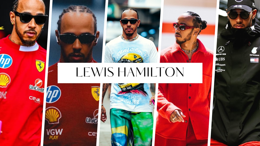 Beige & Blue Fashion Photo Collage New Collection Blog Banner Photo collage of a racing driver wearing sunglasses in five different paddock-style looks, with a centered banner that reads ‘LEWIS HAMILTON.’
