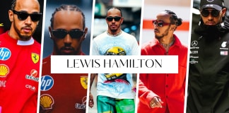 Lewis Hamilton Sunglasses: 5 Paddock Frame Styles Fans Keep Noticing Photo collage of a racing driver wearing sunglasses in five different paddock-style looks, with a centered banner that reads ‘LEWIS HAMILTON.’