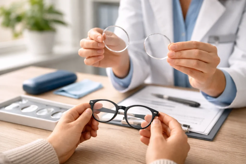 An optician holds lens samples while a customer tries on frames at a desk, comparing Polycarbonate and High-Index lens options for everyday wear.