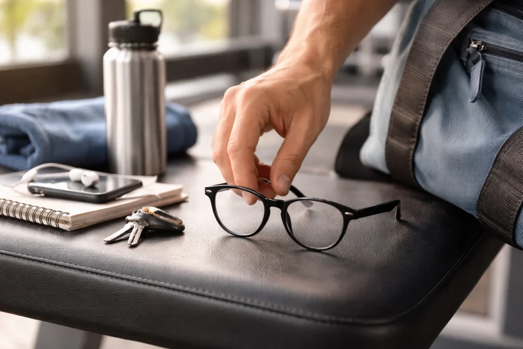 A hand sets sturdy eyeglasses on a gym bench beside a bag, keys, and a water bottle, showing a Polycarbonate-friendly active lifestyle.