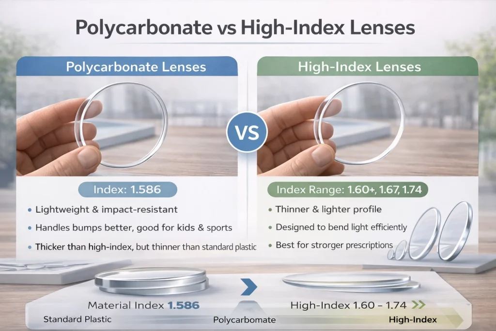 Landscape infographic comparing Polycarbonate vs High-Index lenses, showing that polycarbonate (index ~1.586) is lightweight and impact-resistant for active wear, while high-index lenses (commonly 1.60, 1.67, 1.74) provide a thinner profile for stronger prescriptions.