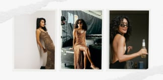 Olivia Dean’s Best Style & Glasses Moments We All Need A three panel collage of singer Olivia Dean showcasing her retro-influenced style in various settings. In the first panel, she leans against a white wall wearing a shimmering gold sequin gown. The center panel shows her backstage in a leopard print maxi dress and dark sunglasses. The third panel features a close up of Olivia in a backless black dress wearing slim, dark cat eye sunglasses while holding a glass bottle. The overall aesthetic is soulful and vintage, emphasizing her use of bold eyewear to ground high fashion looks.