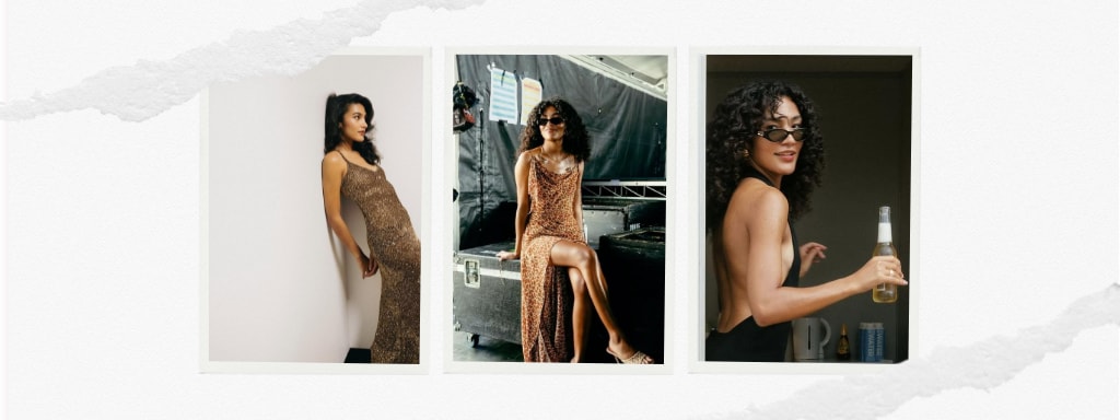 Olivia Dean Glasses A three panel collage of singer Olivia Dean showcasing her retro-influenced style in various settings. In the first panel, she leans against a white wall wearing a shimmering gold sequin gown. The center panel shows her backstage in a leopard print maxi dress and dark sunglasses. The third panel features a close up of Olivia in a backless black dress wearing slim, dark cat eye sunglasses while holding a glass bottle. The overall aesthetic is soulful and vintage, emphasizing her use of bold eyewear to ground high fashion looks.