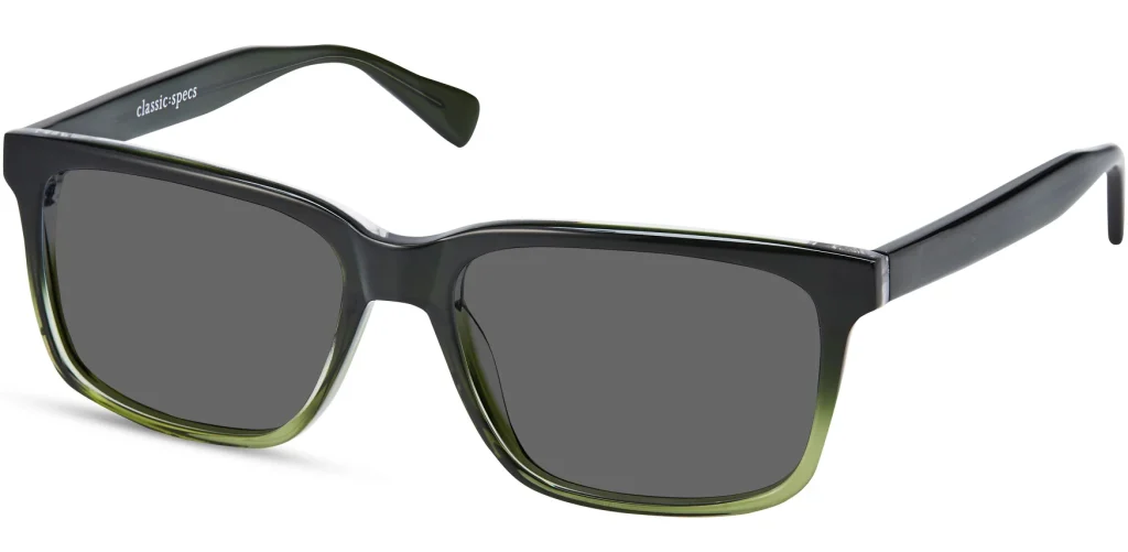 Fox sunglasses in Forest Fade with a sleek rectangular shape, dark lenses, and a black-to-green gradient frame.