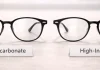 The Difference Between Polycarbonate and High-Index: Understanding Your Lenses Side-by-side eyeglasses labeled “Polycarbonate” and “High-Index,” illustrating the Difference Between Polycarbonate and High-Index lens materials.