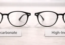 The Difference Between Polycarbonate and High-Index: Understanding Your Lenses Side-by-side eyeglasses labeled “Polycarbonate” and “High-Index,” illustrating the Difference Between Polycarbonate and High-Index lens materials.