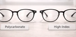 The Difference Between Polycarbonate and High-Index: Understanding Your Lenses Side-by-side eyeglasses labeled “Polycarbonate” and “High-Index,” illustrating the Difference Between Polycarbonate and High-Index lens materials.