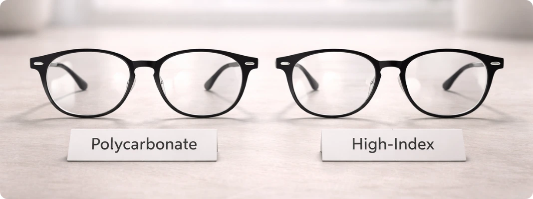 Side-by-side eyeglasses labeled “Polycarbonate” and “High-Index,” illustrating the Difference Between Polycarbonate and High-Index lens materials.