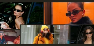Selena Gomez Sunglasses: The Go-To Frames That Make Any Outfit Look Finished Collage of Selena Gomez wearing different sunglasses styles, including slim black cat-eye and rectangle frames, oval lenses, white statement sunglasses, and tinted round shades in street-style and night-out photos.