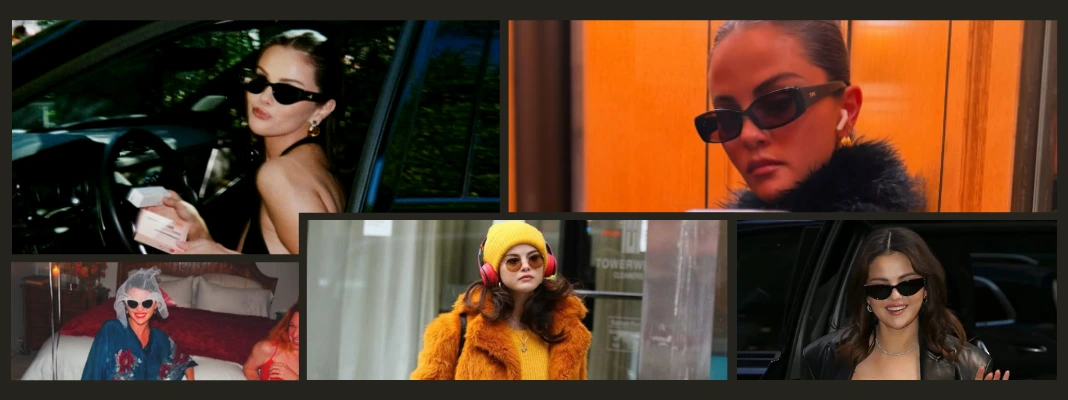 Selena Gomez Sunglasses Collage of Selena Gomez wearing different sunglasses styles, including slim black cat-eye and rectangle frames, oval lenses, white statement sunglasses, and tinted round shades in street-style and night-out photos.