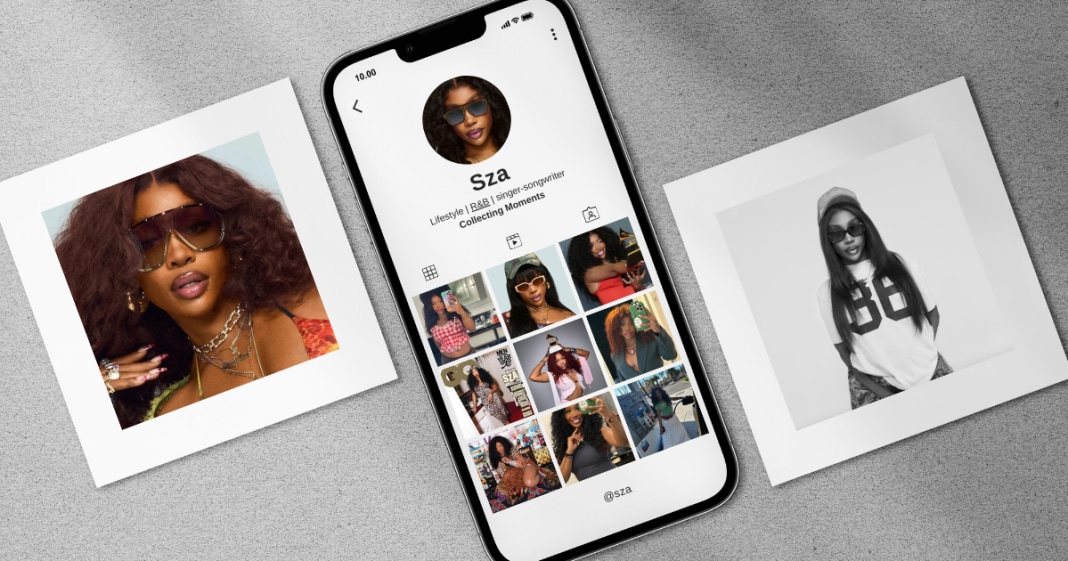 Phone mockup showing an Instagram-style profile, surrounded by two Polaroid photos of a woman wearing sunglasses on a gray background.