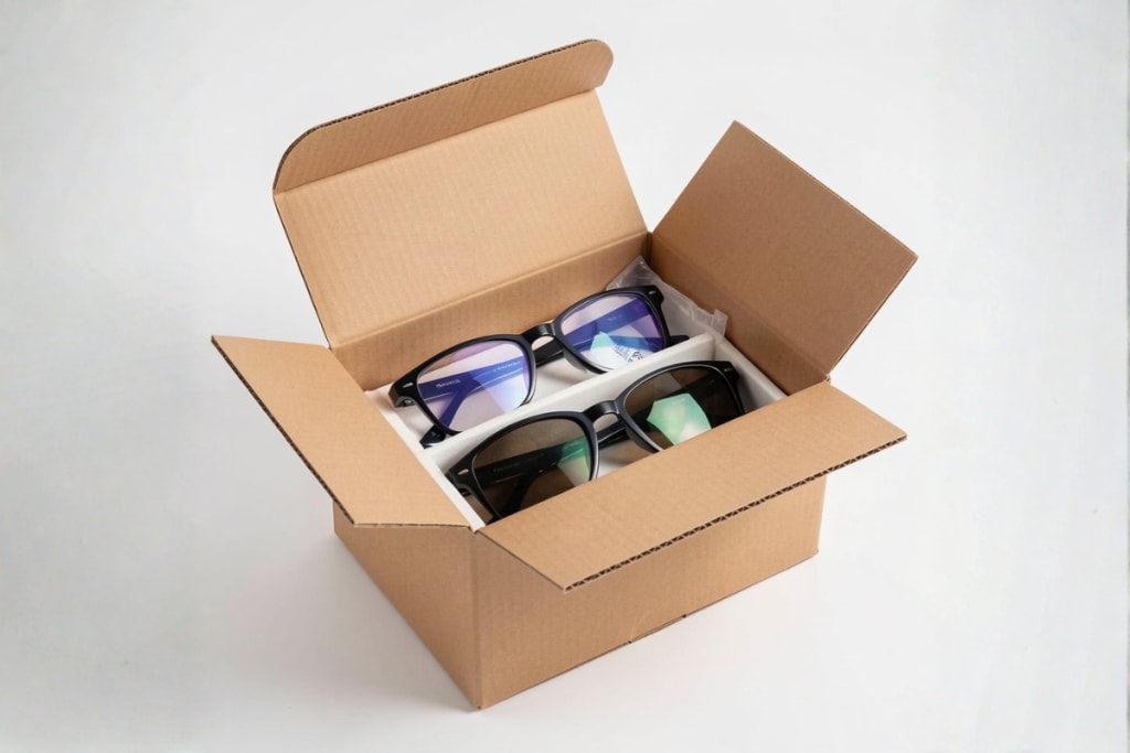 a box with black frame eyeglasses and sunglasses