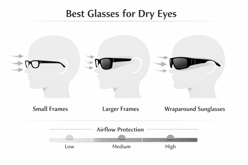 Alt text: Grayscale infographic on a white background comparing three eyewear styles for dry eyes, showing side-profile silhouettes wearing small frames, larger frames, and wraparound sunglasses with airflow arrows, plus an “Airflow Protection” bar rated low, medium, and high.