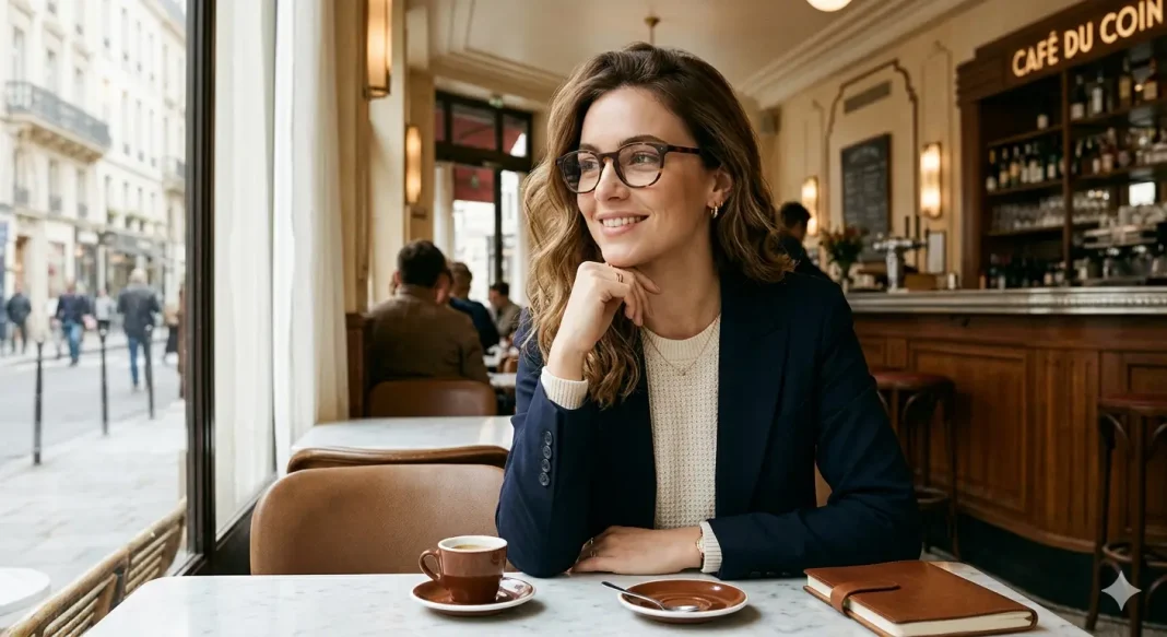 A woman wearing low bridge fit glasses sitting in a cafe A woman wearing low bridge fit glasses sitting in a cafe