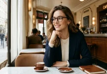 What Are Low Bridge Fit Glasses? A Chic Guide to The Perfect Fit A woman wearing low bridge fit glasses sitting in a cafe