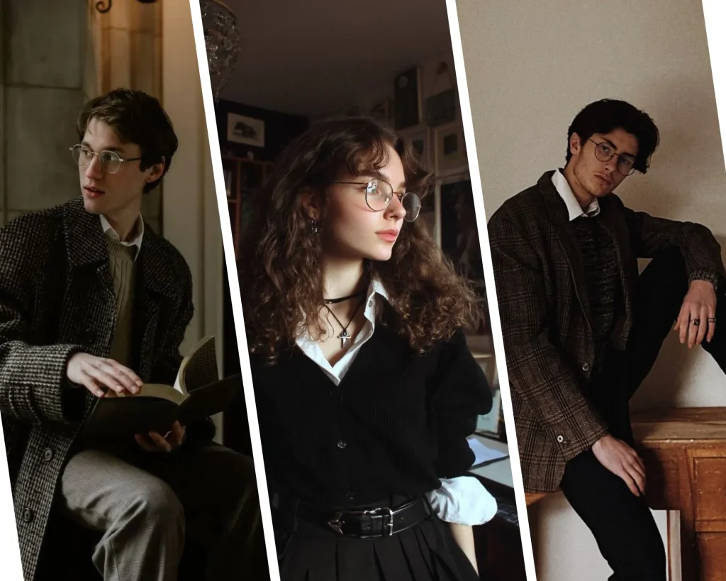 Dark academia eyewear style with Harry Potter glasses inspiration and bookish fashion looks