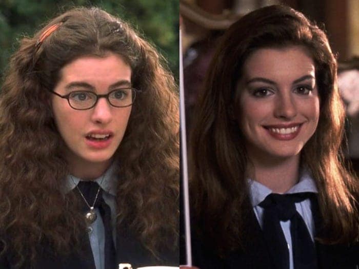 Side-by-side stills from The Princess Diaries showing Mia Thermopolis wearing oval glasses before her makeover and without glasses afterward.